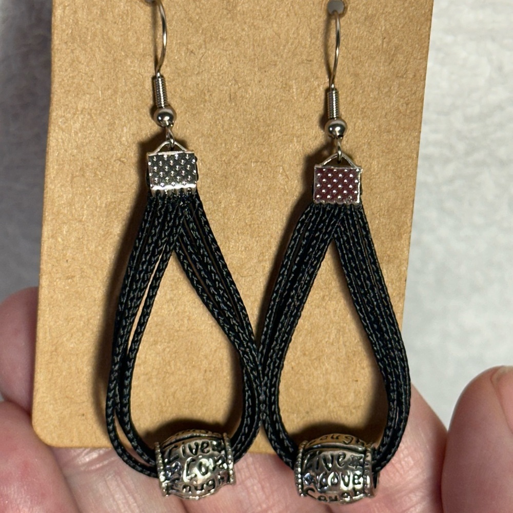 Handmade Paracord Black with “Live Love Laugh”Bead Earrings
